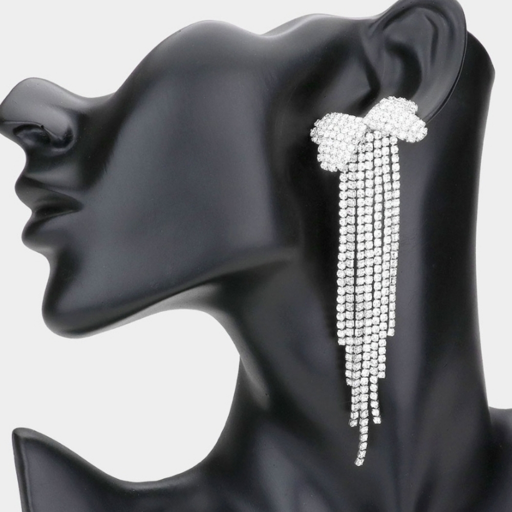 Silver Bow Fringe Earrings with Rhinestones